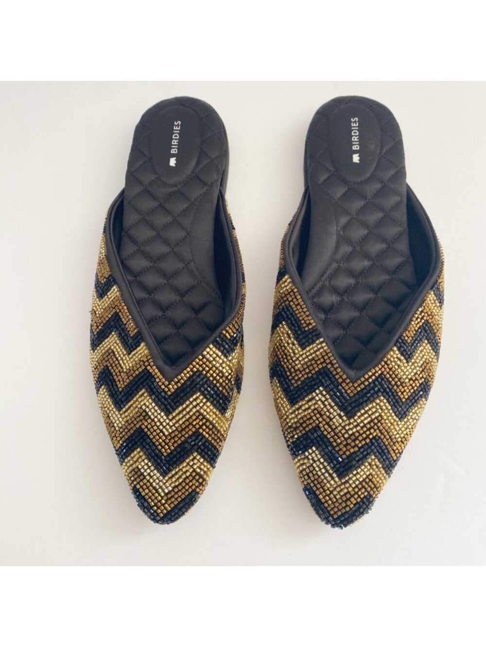 Birdies Swan Deco Beaded Chevron Mules Flats Shoes.